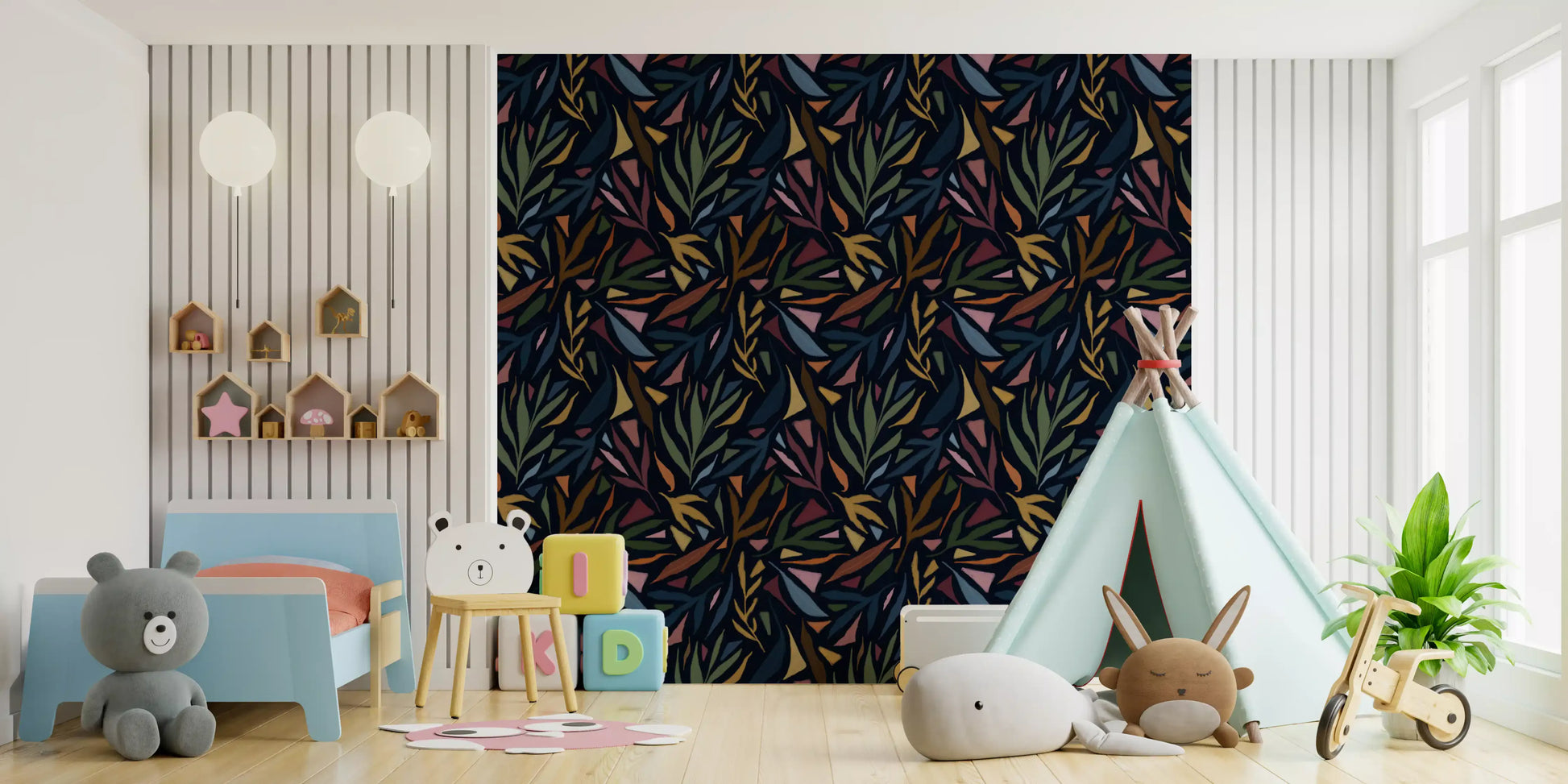 Painted botanical wallpaper with moody background and colorful abstract leaves