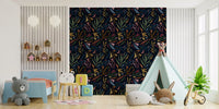 Painted botanical wallpaper with moody background and colorful abstract leaves