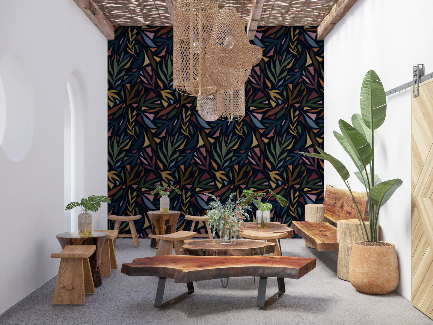 Tropical Painted Collage Dark Wallpaper with olive leaves and geometric accents