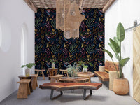 Tropical Painted Collage Dark Wallpaper with olive leaves and geometric accents
