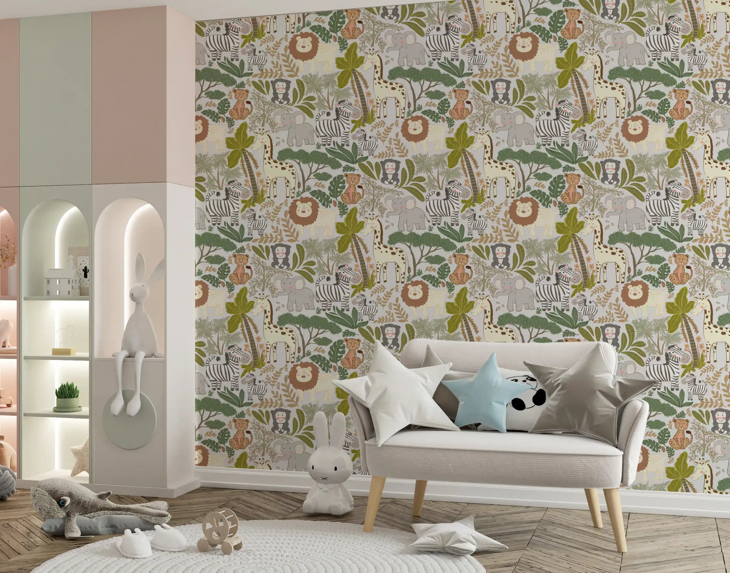 Pattern wallpaper with Whimsical Safari Pals and gentle earthy colours