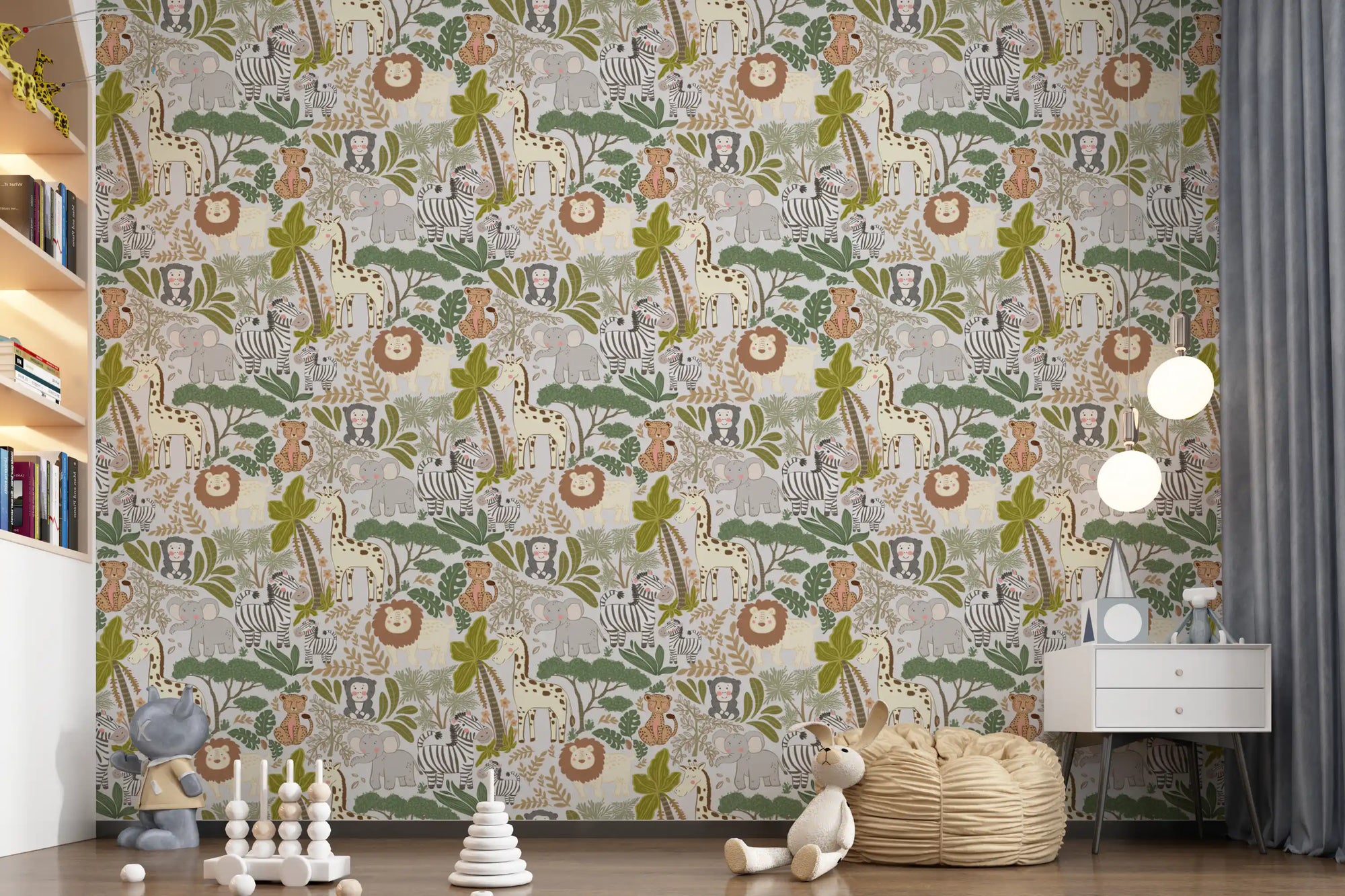 Play area using Safari Pals Wallpaper with lions and jungle greenery