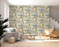 Whimsical Safari Pals Wallpaper with giraffes, monkeys, and palm leaves