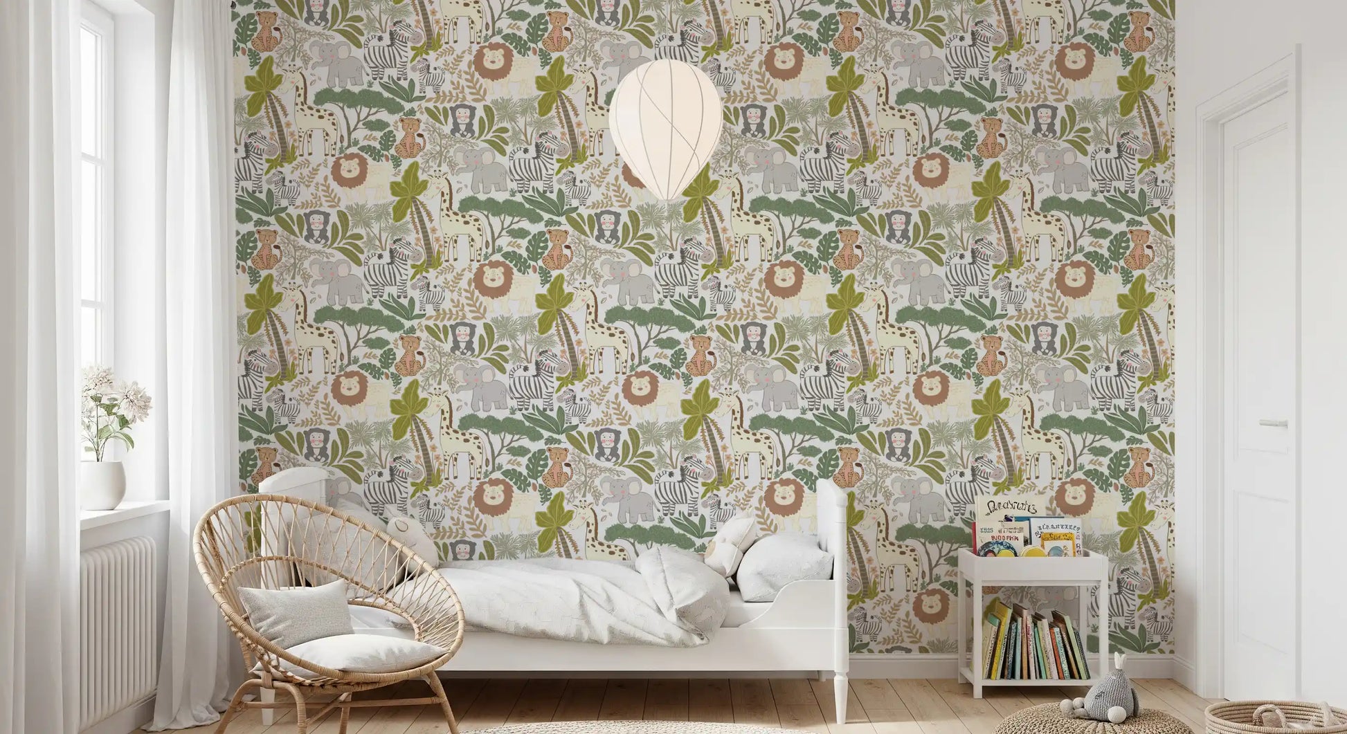 Wildlife nursery wallpaper carrying soft safari figures and tree shapes