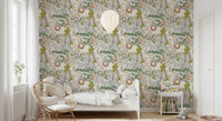 Wildlife nursery wallpaper carrying soft safari figures and tree shapes