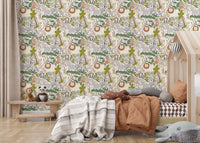 Play space with nursery animal wallpaper and leafy safari branches