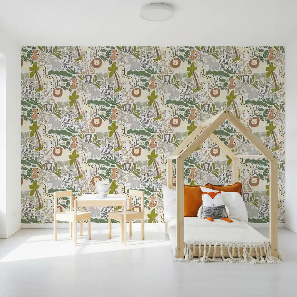 Safari kids wallpaper with sage leaves, beige tones, and zoo characters