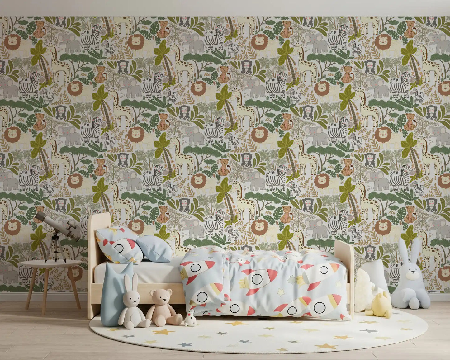 Safari Friends' Wallpaper with monkeys, leopards, palms, and trees