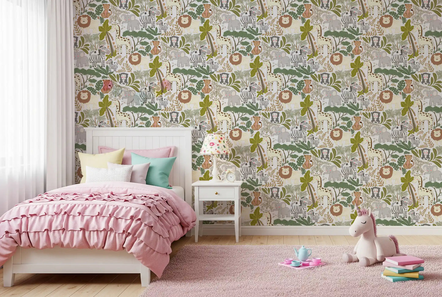 Jungle nursery wallpaper showing calm animal artwork on a pale base