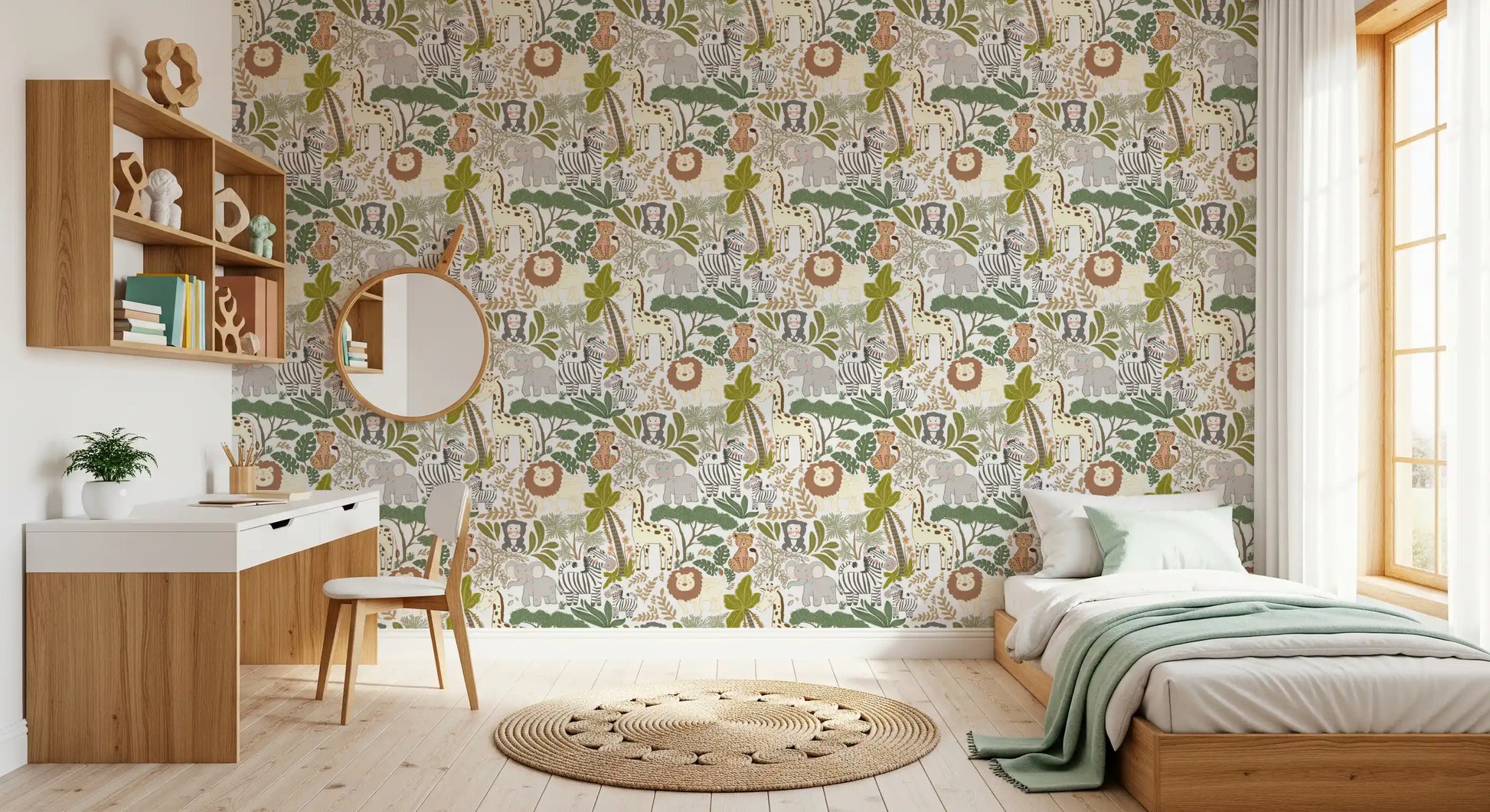 Bedroom wall using cute safari wallpaper with giraffe and elephant art