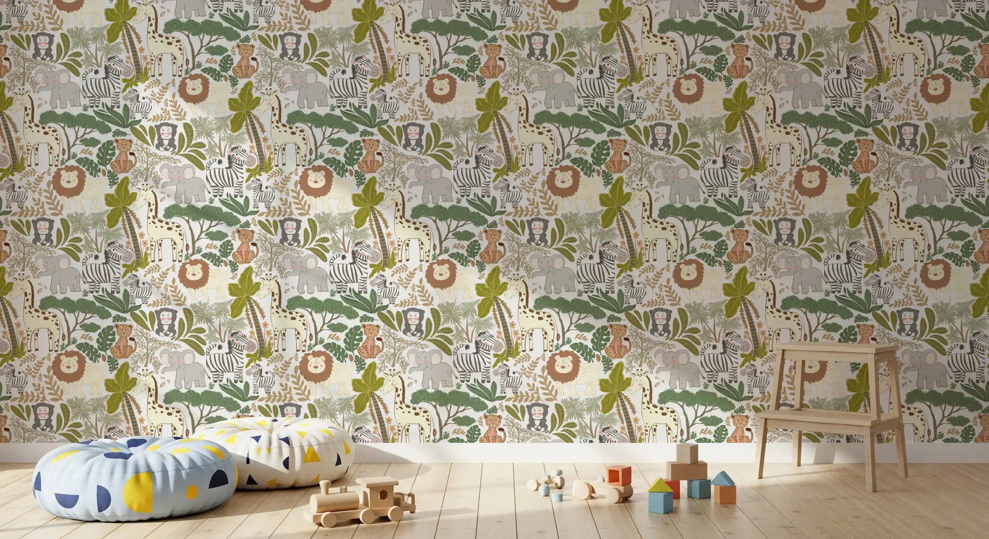 Cute animal wallpaper with giraffes, zebras, elephants, and foliage