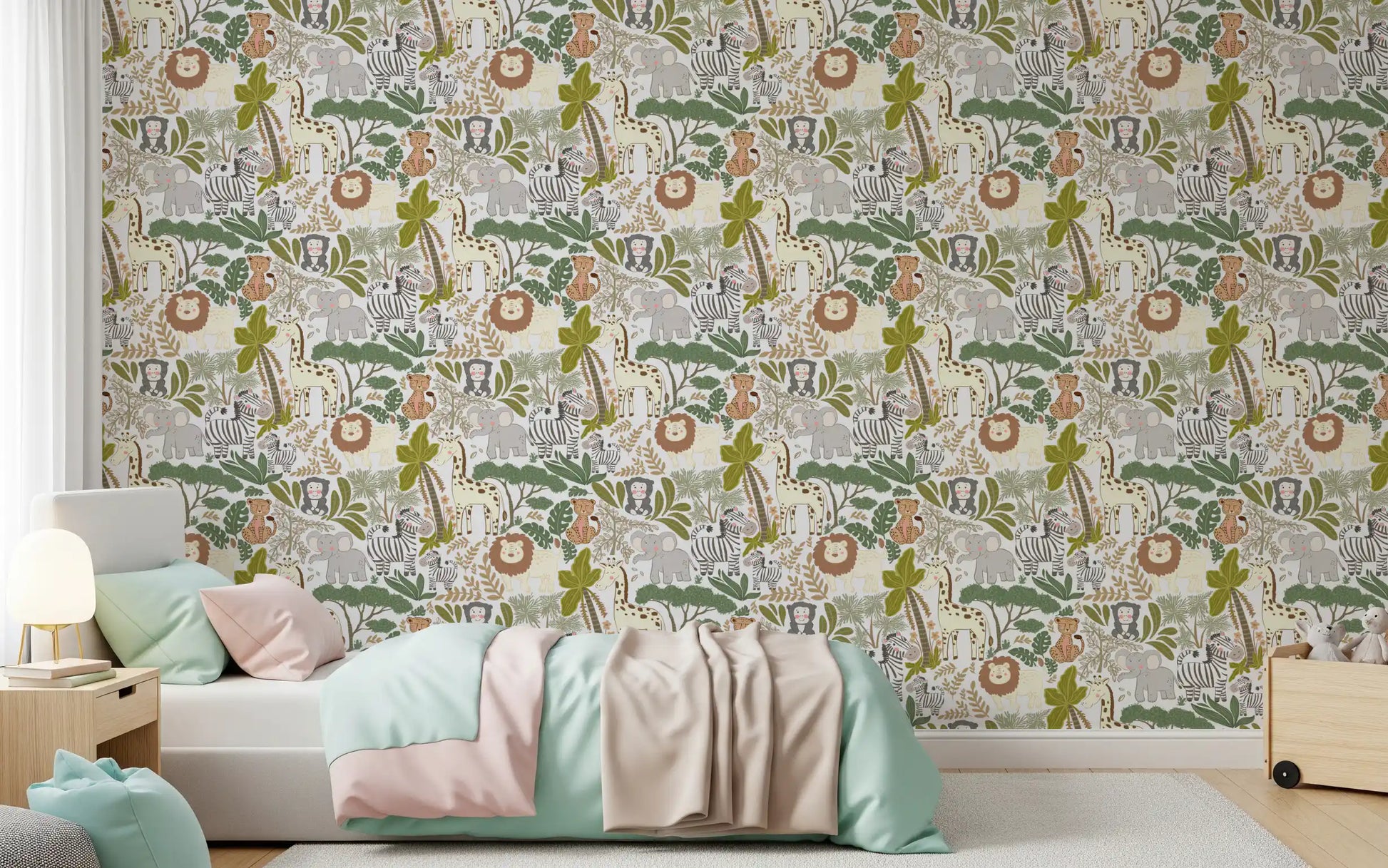 Kids room wallpaper with Safari Friends animals and soft jungle leaves