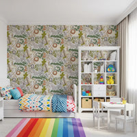 Toddler room wallpaper showing jungle friends lions and zebra detail