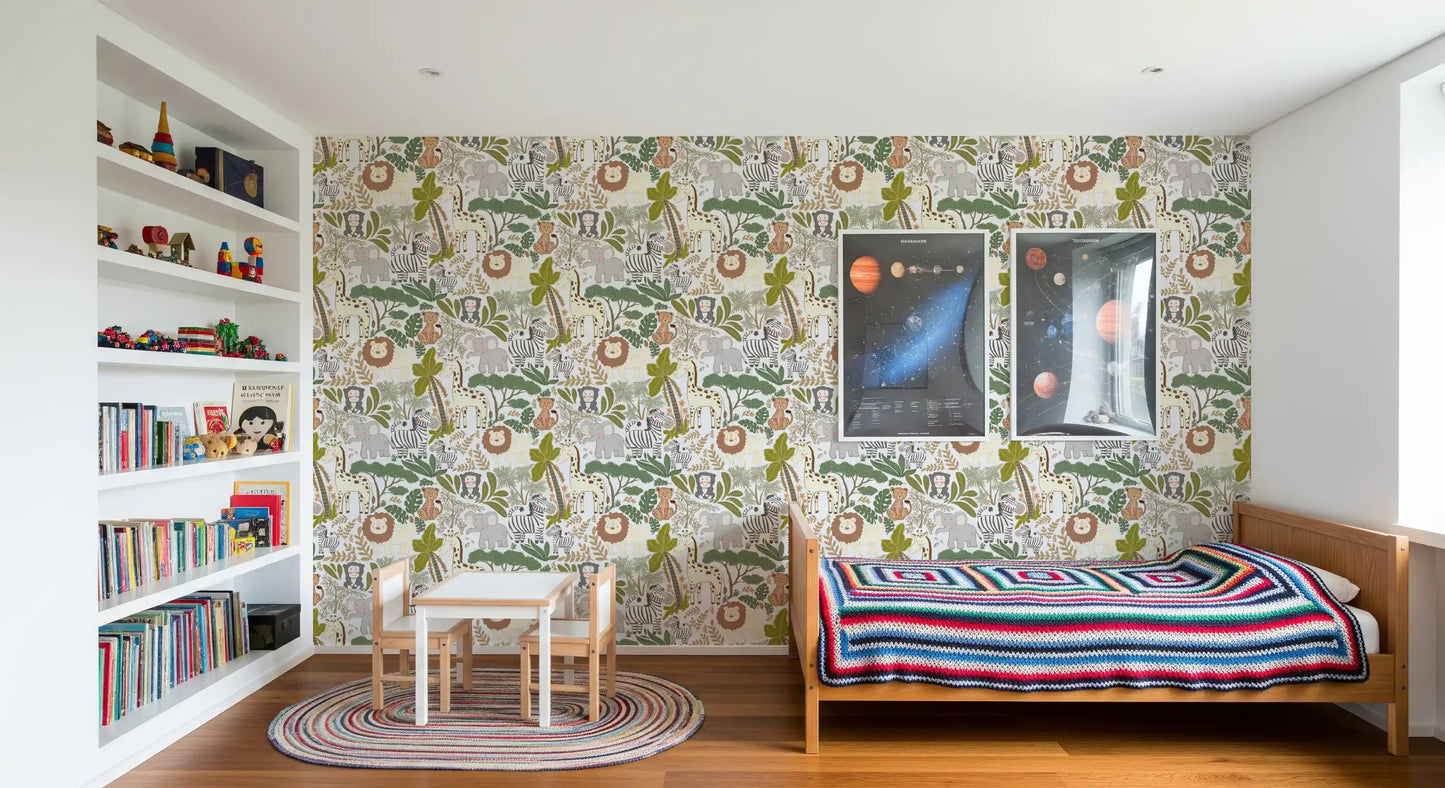 Reading nook wallpaper featuring soft wildlife and natural green accents