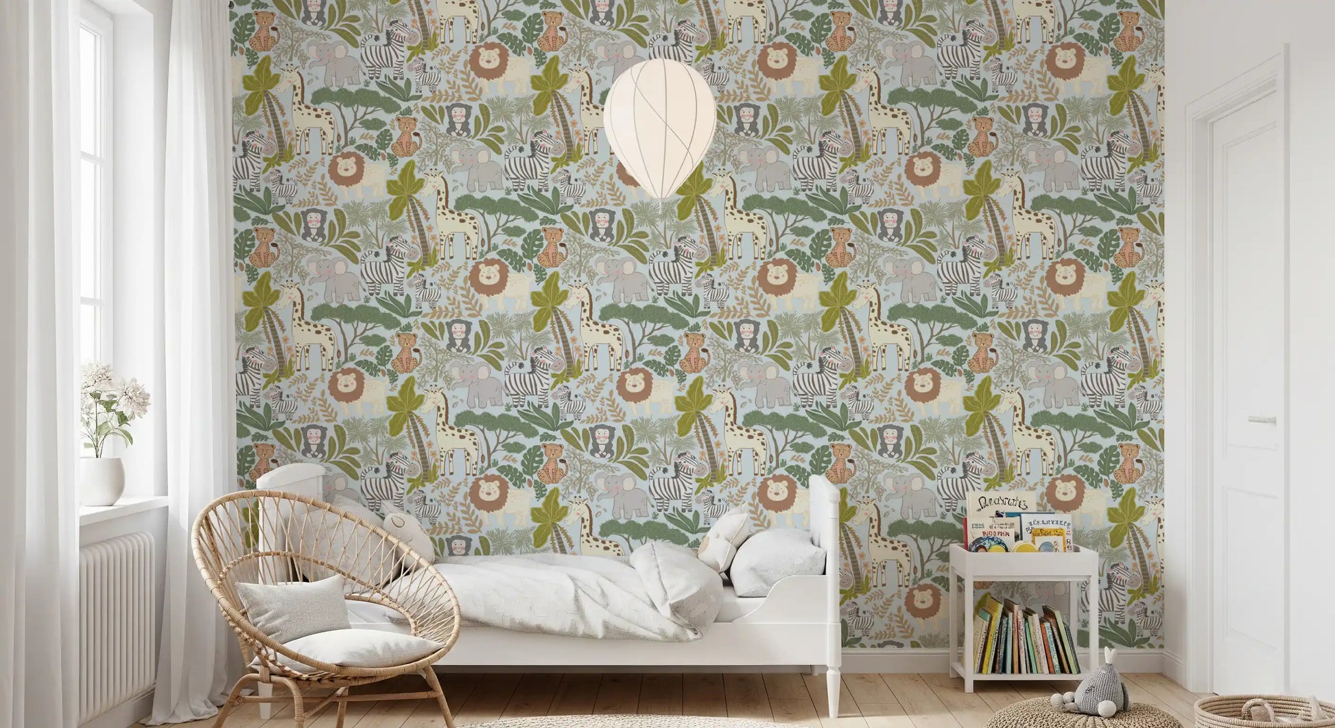Animal print wallpaper with Safari Pals zebras, monkeys, and palms