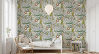Animal print wallpaper with Safari Pals zebras, monkeys, and palms