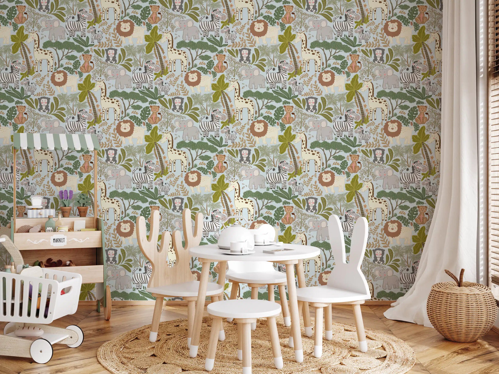 Reading corner wallpaper with Gentle Jungle Pals and pastel wildlife