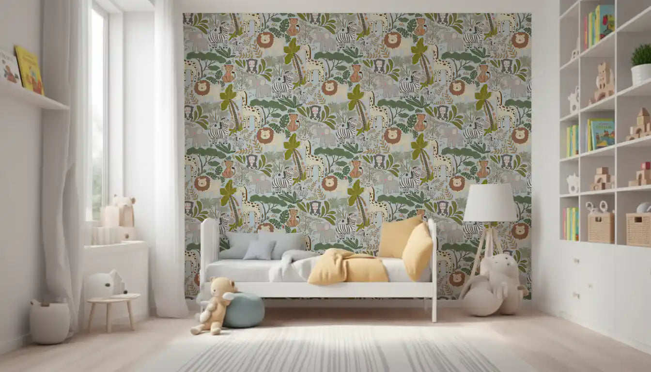 Soft animal wallpaper with Safari Wallpaper and leafy botanical accents