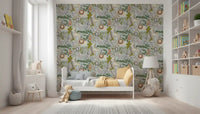 Soft animal wallpaper with Safari Wallpaper and leafy botanical accents