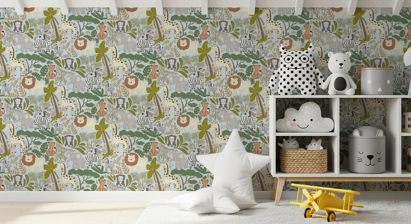 Nursery wallpaper showing Safari Pals giraffe, zebra, and elephant art
