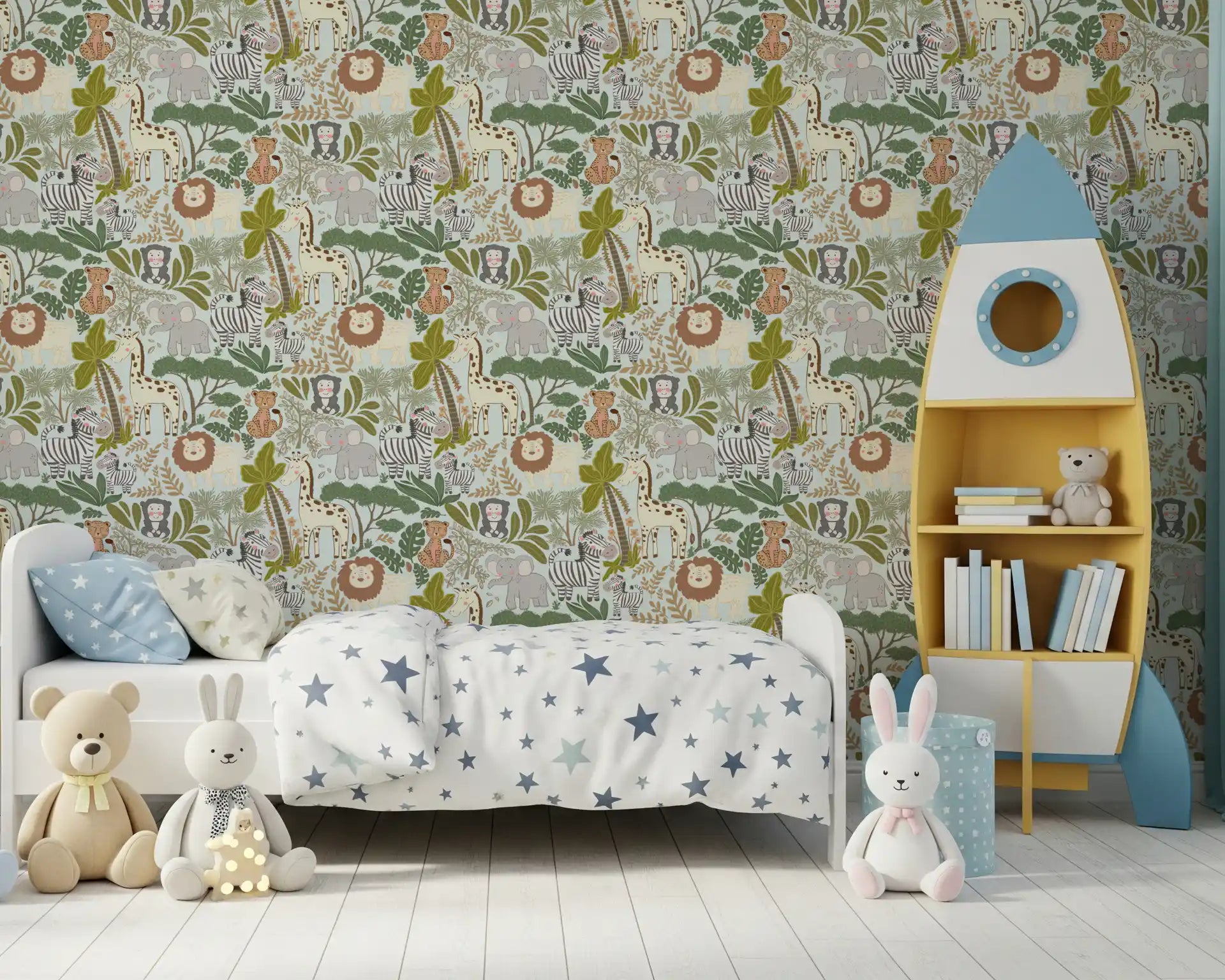 Enchanted Jungle Crew Wallpaper with zebras, monkeys, palms, and trees