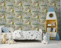 Enchanted Jungle Crew Wallpaper with zebras, monkeys, palms, and trees