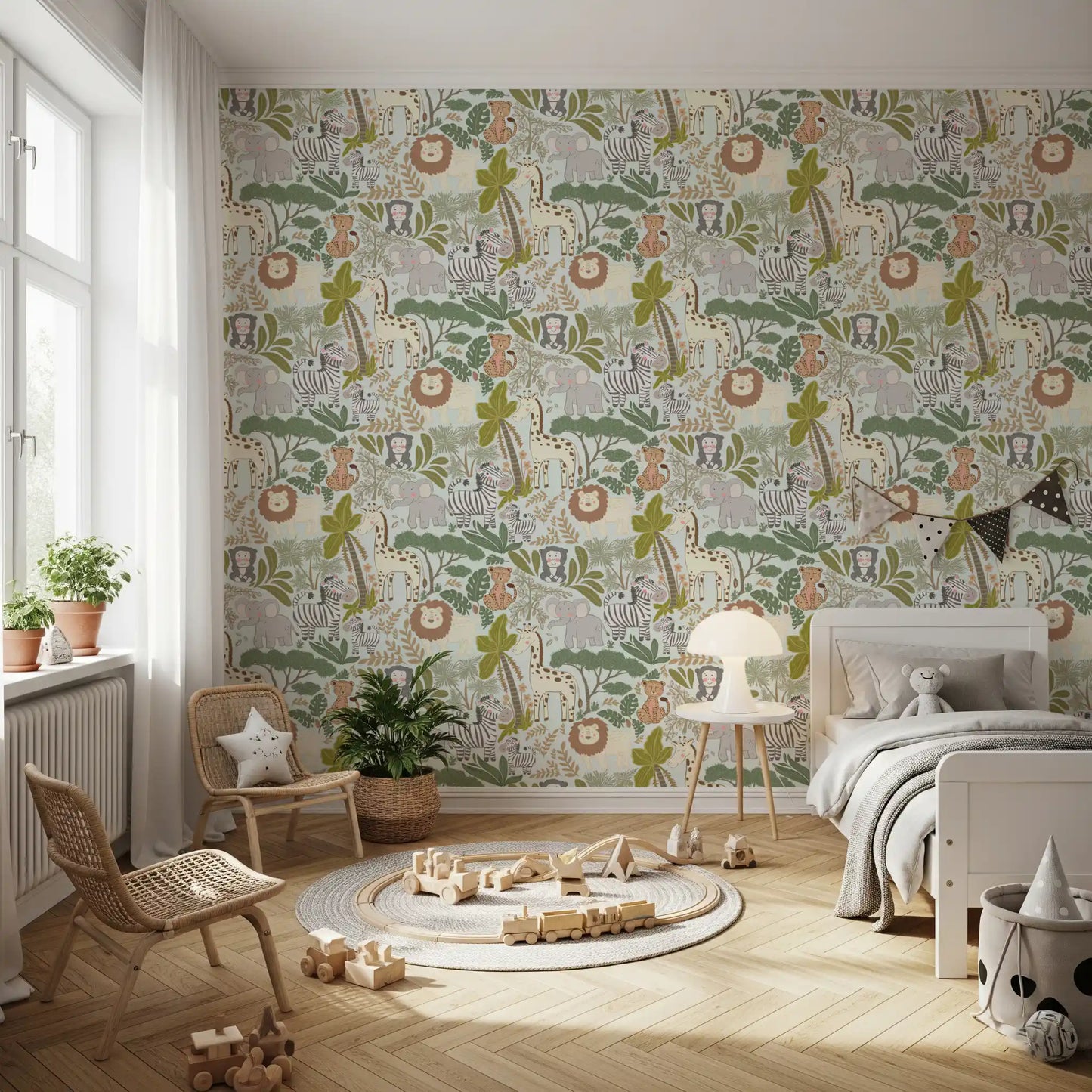 Playroom wallpaper using Safari Crew animals with soft green foliage