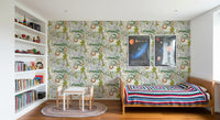 Bedroom wallpaper showing Jungle Crew giraffe, elephant, and lion detail