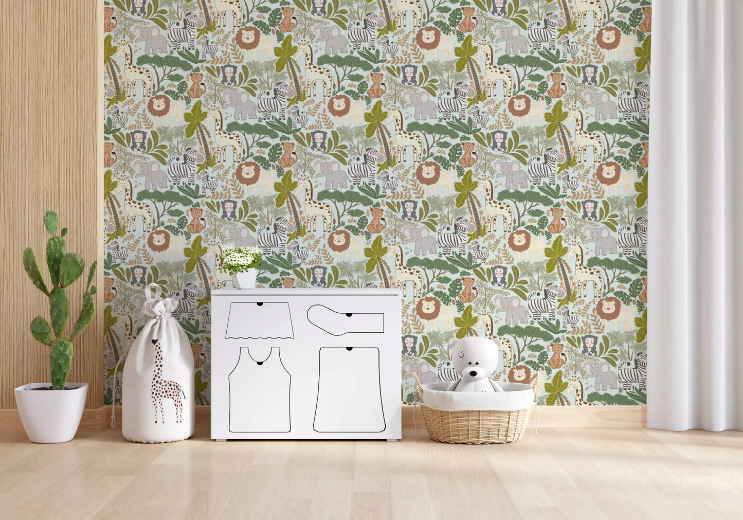 Kids Jungle Wallpaper with friendly wildlife on a pale natural background
