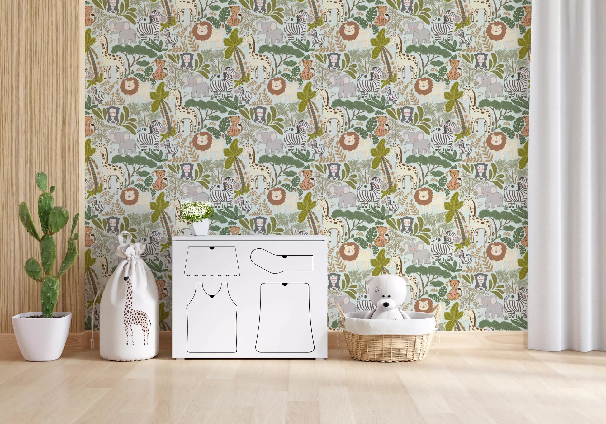 Kids Jungle Wallpaper with friendly wildlife on a pale natural background
