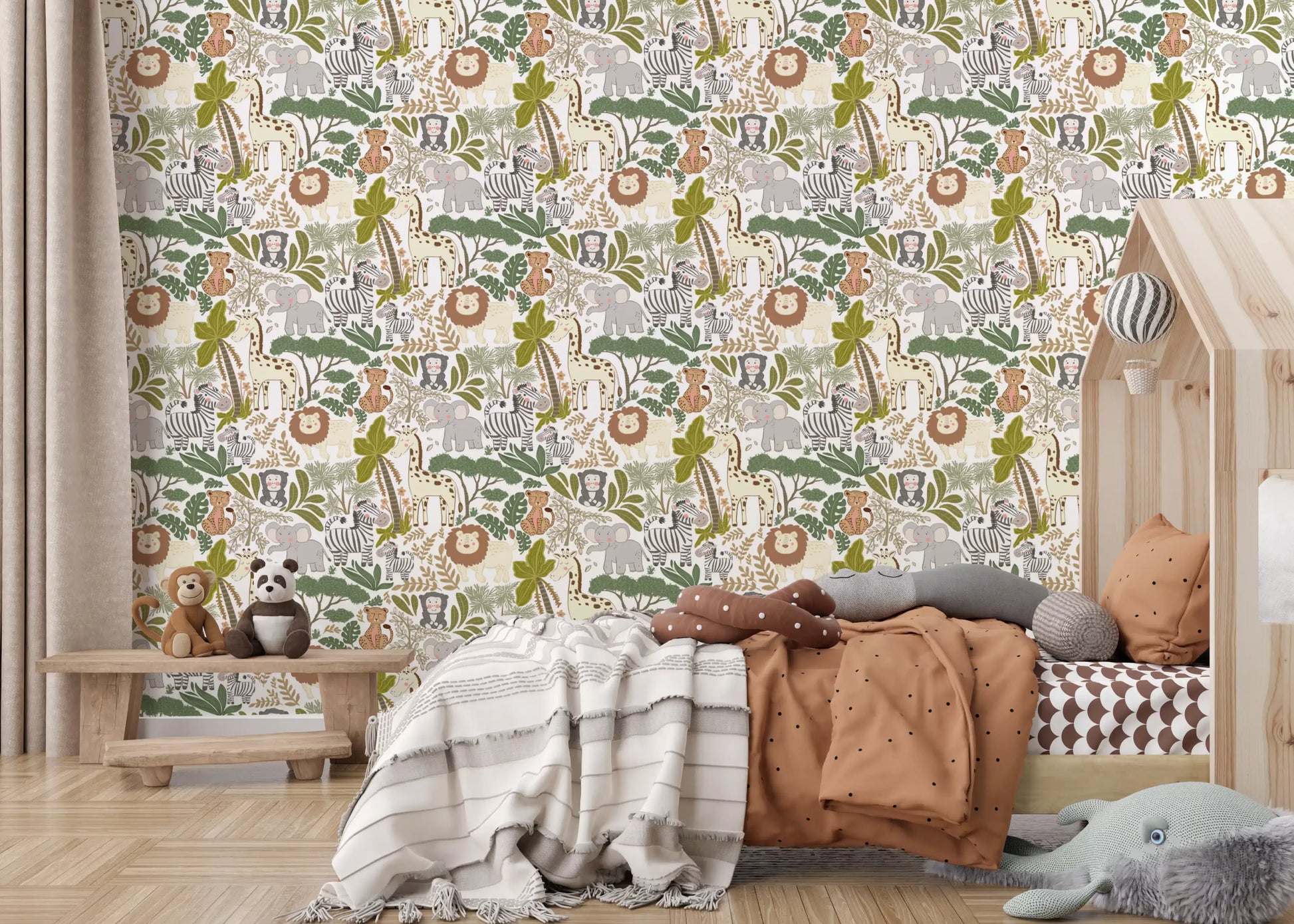 Bedroom styled with Jungle Pals wallpaper and soft safari pattern detail