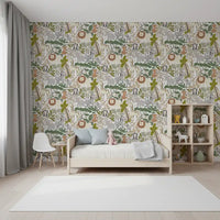 Animal pattern wallpaper showing soft greens, beige tones, and safari art
