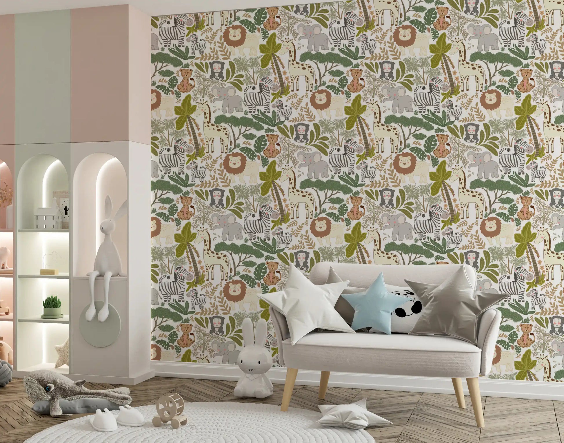 Nursery wallpaper showing giraffe, lion, elephant, and leafy jungle art