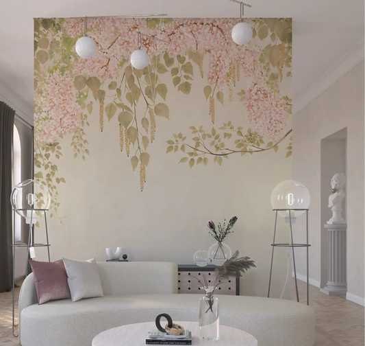 Living room wall mural with soft wisteria canopy and blush floral trails