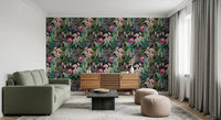 Orchid Bloom Wallpaper with jungle foliage and colourful bird motifs