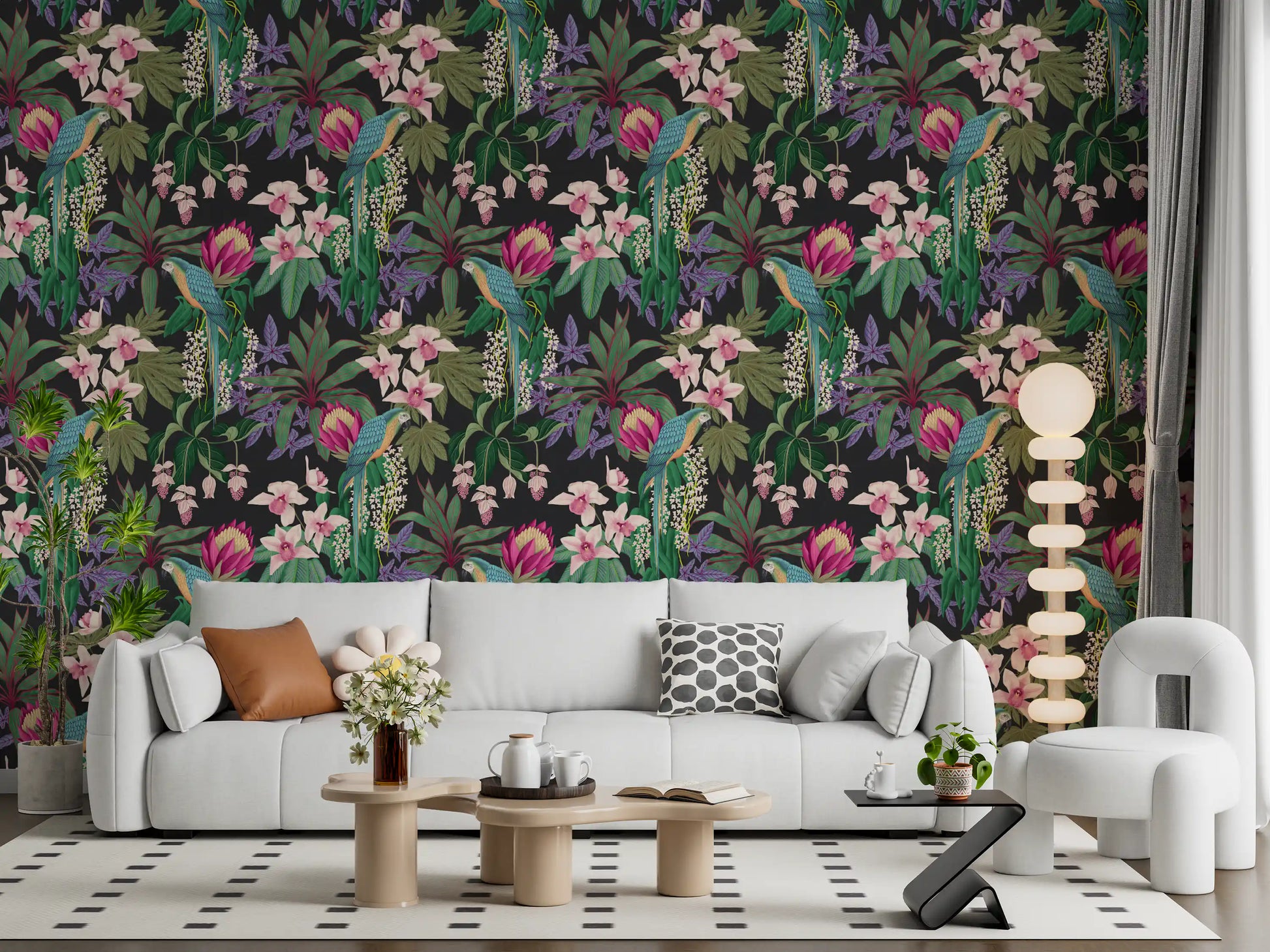 Macaw Orchid Wallpaper with layered leaves and exotic bloom artwork