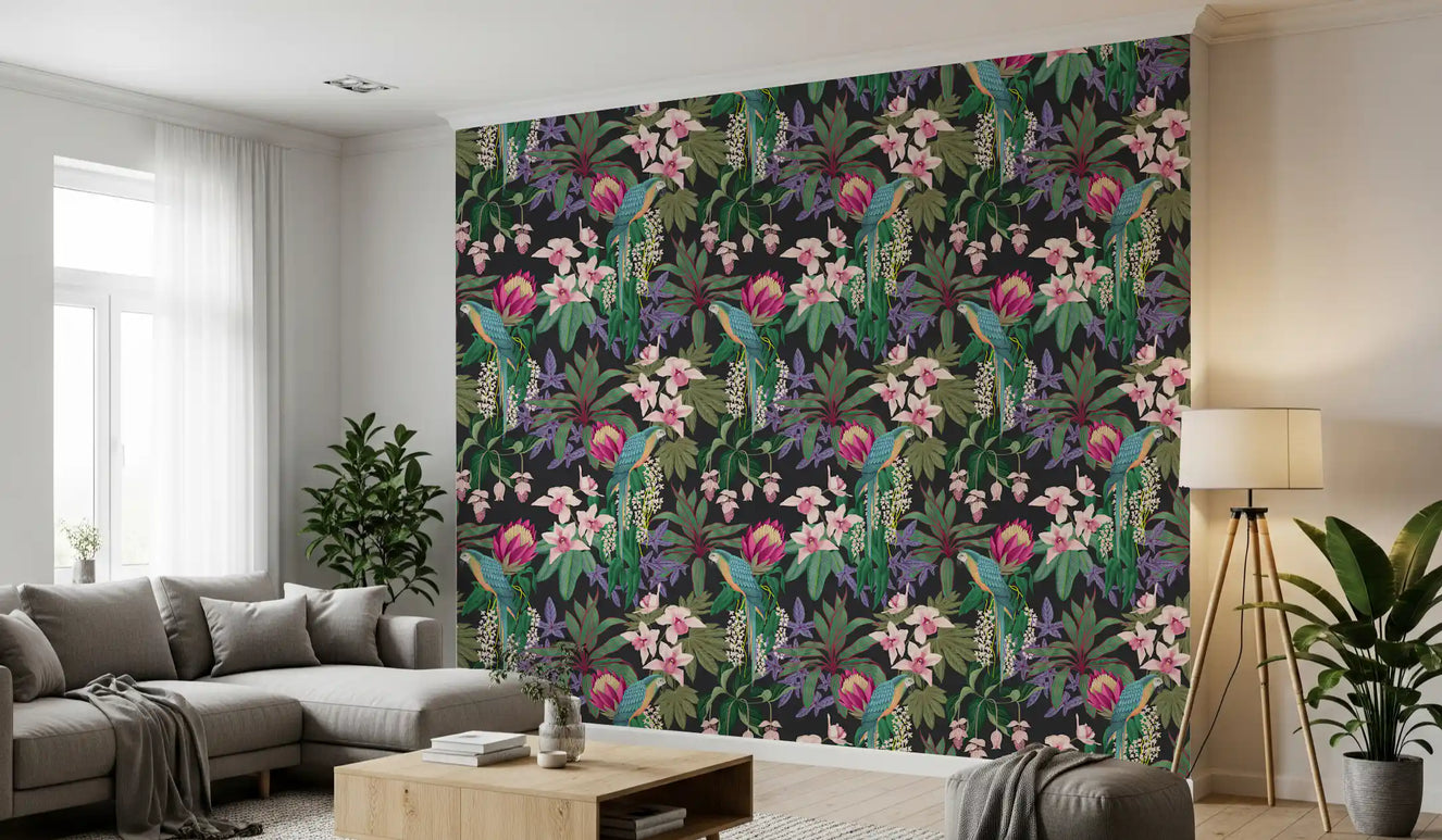 Living room with Tropical Macaw wallpaper and Orchid Bloom foliage