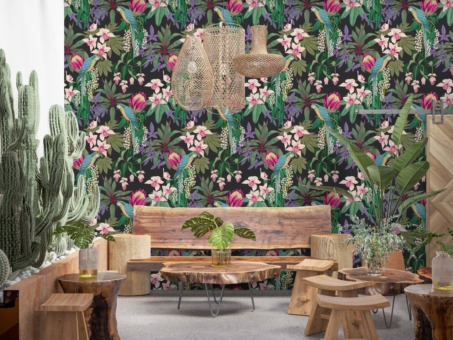 Macaw tropical wallpaper featuring pink blossoms and leafy pattern