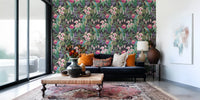 Dark tropical wallpaper with macaw birds and orchid flowers