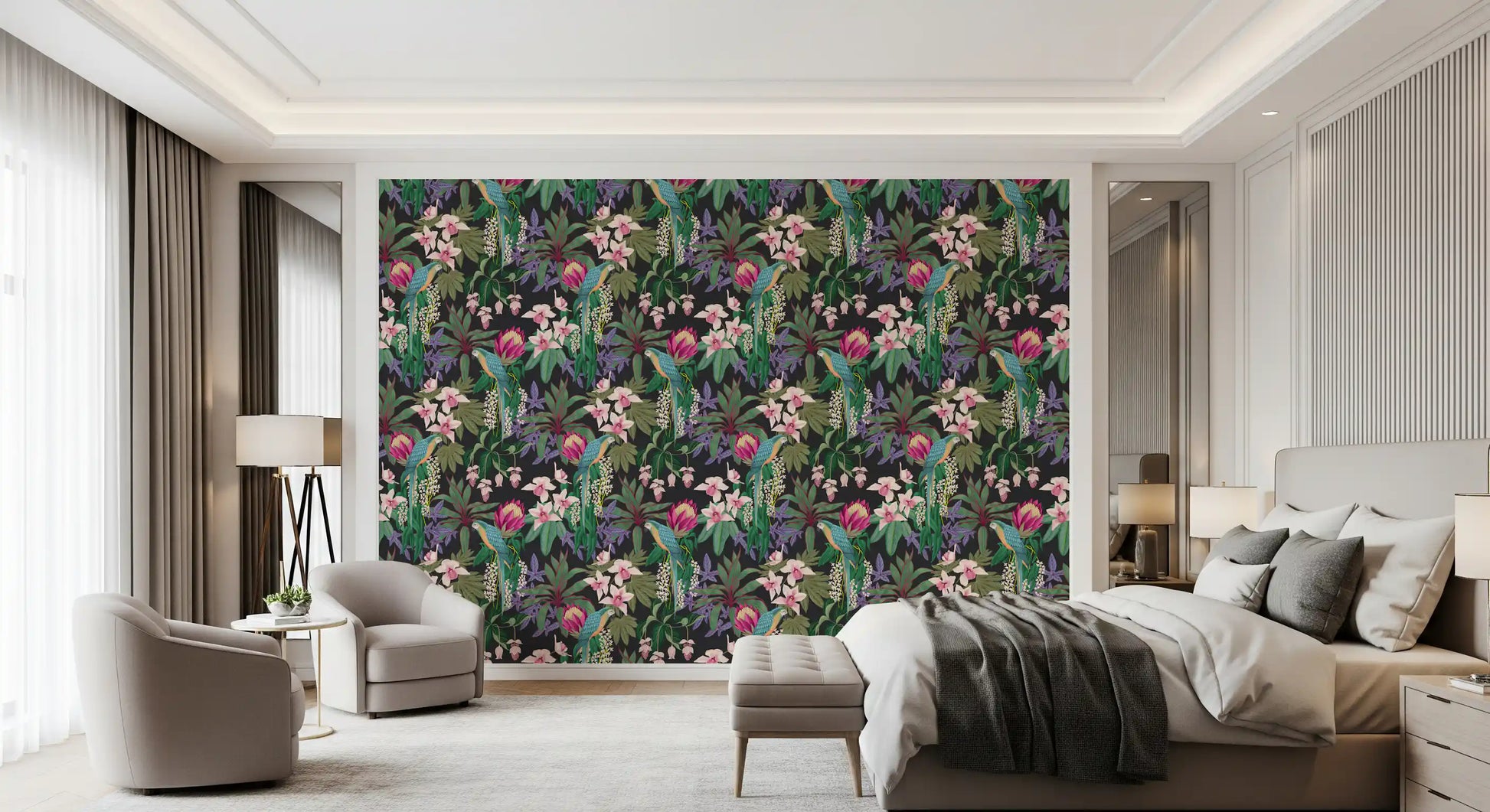 Tropical Bloom Wallpaper showing blue parrots and botanical detail