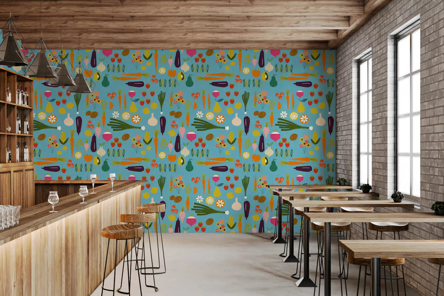 Kitchen surface wallpaper with bright vegetables and fruit-inspired forms