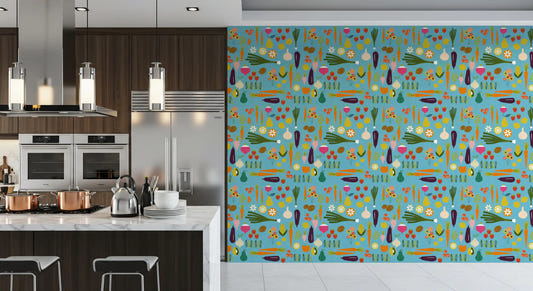 Kitchen wall with Blue Veggie Wallpaper and colourful harvest illustrations