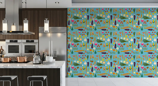 Kitchen wall with Blue Veggie Wallpaper and colourful harvest illustrations