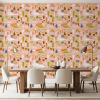 Dining area in Modern Kitchen Wallpaper with pink fruit and veg art