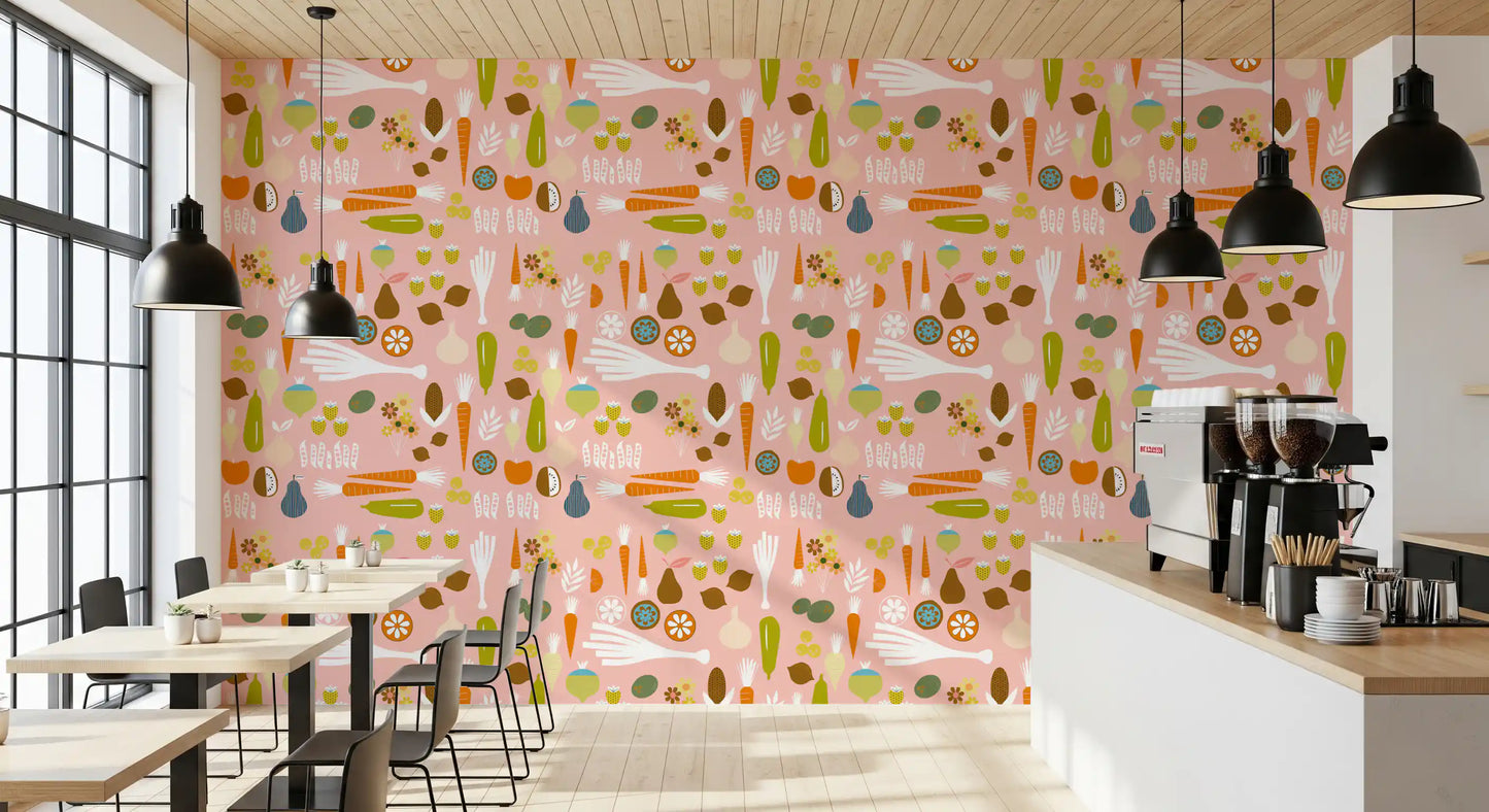 Breakfast corner with Mid Century Modern wallpaper and citrus motifs