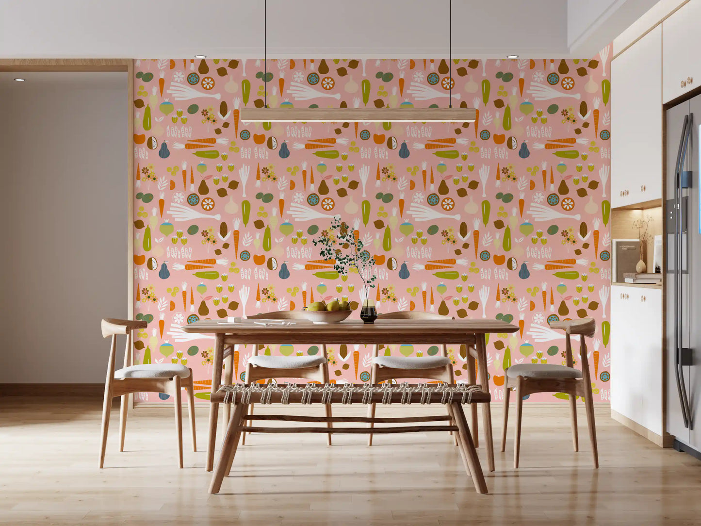 Pink Veggie Wallpaper with carrots, pears, onions, and berry accents