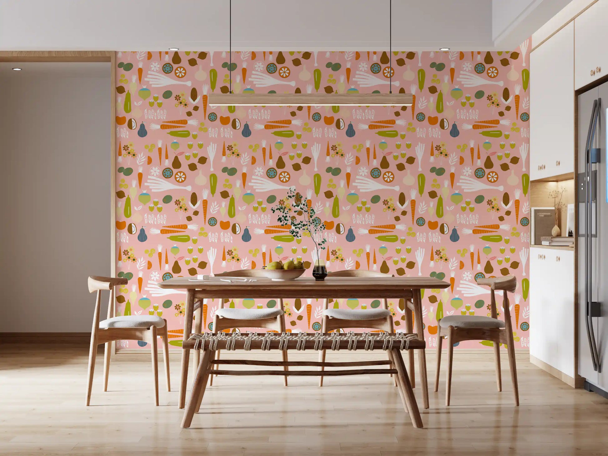 Pink Veggie Wallpaper with carrots, pears, onions, and berry accents