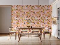 Pink Veggie Wallpaper with carrots, pears, onions, and berry accents