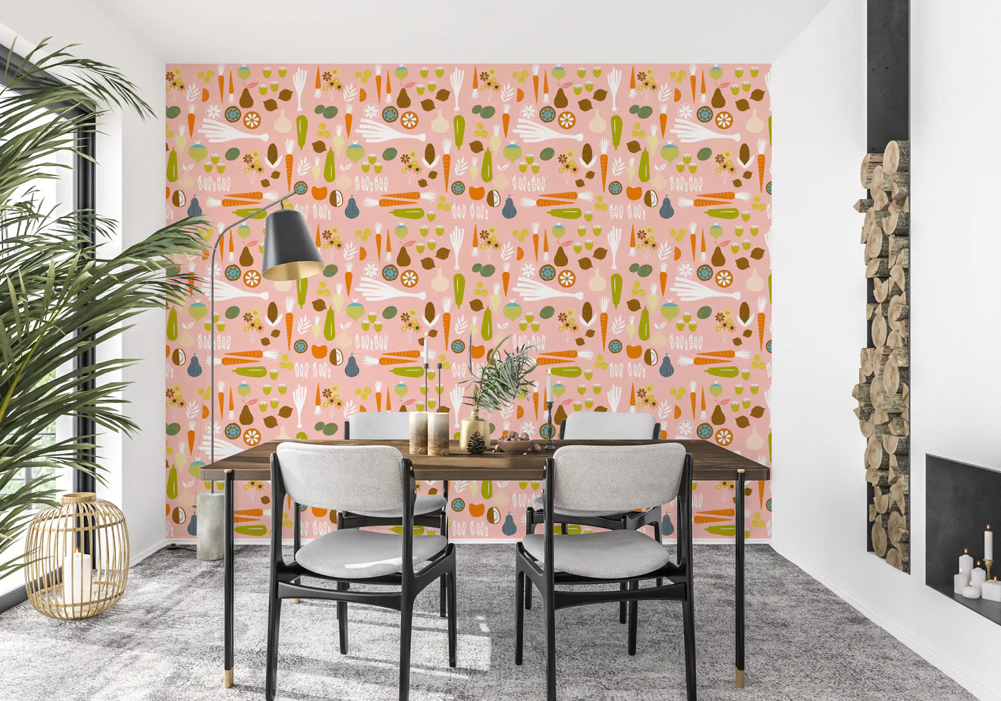 Pink Retro Wallpaper with citrus rounds, leafy stems, and root vegetables