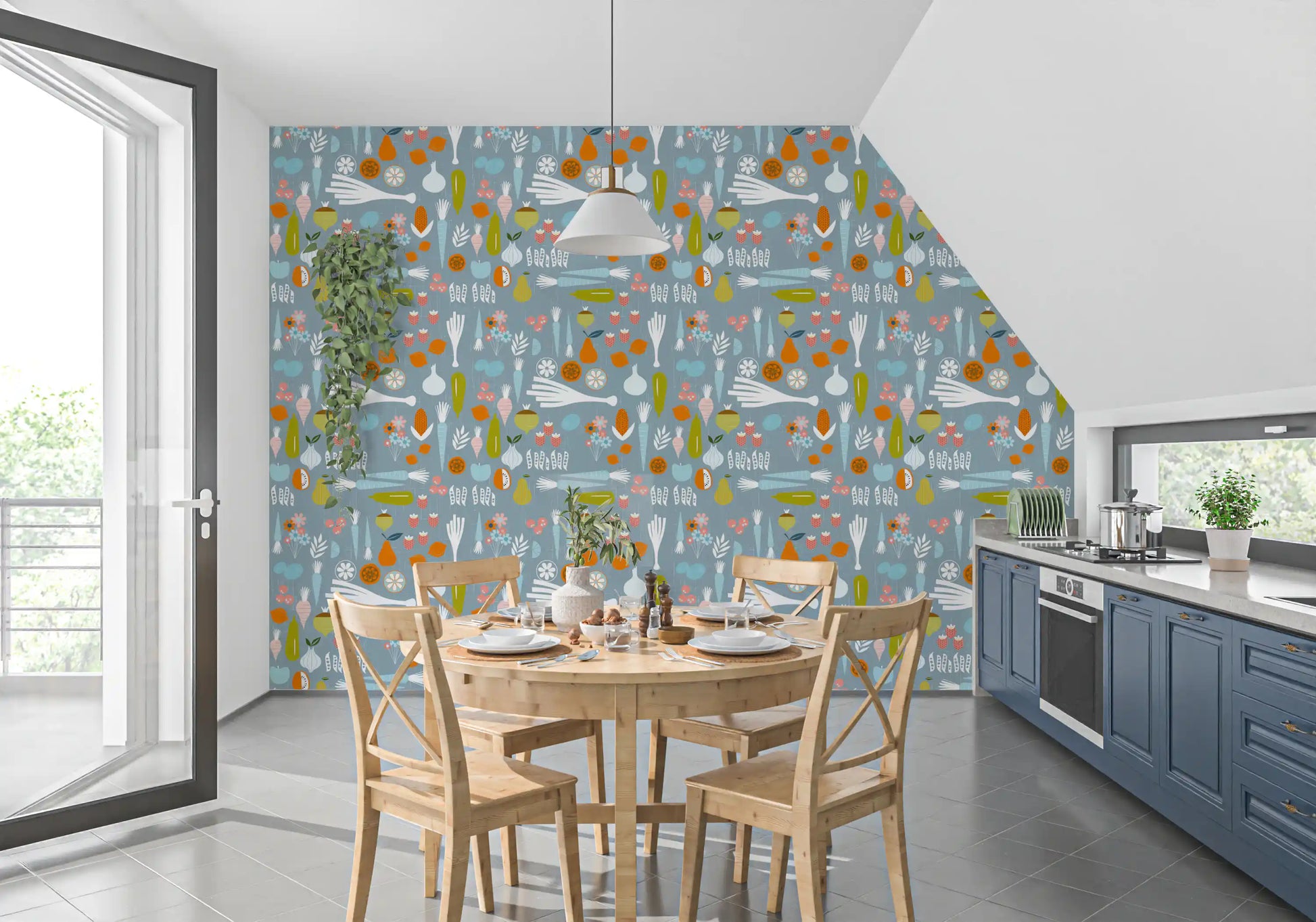 Produce Art Wallpaper with root vegetables on a dusty blue background